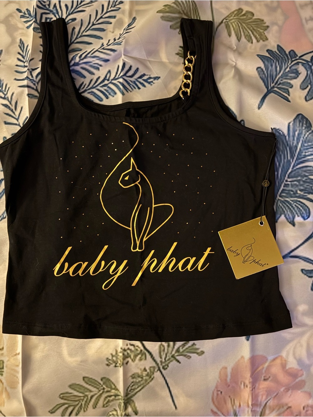 Baby Phat Black Crop Tank with Gold Cat Logo & Chain Strap